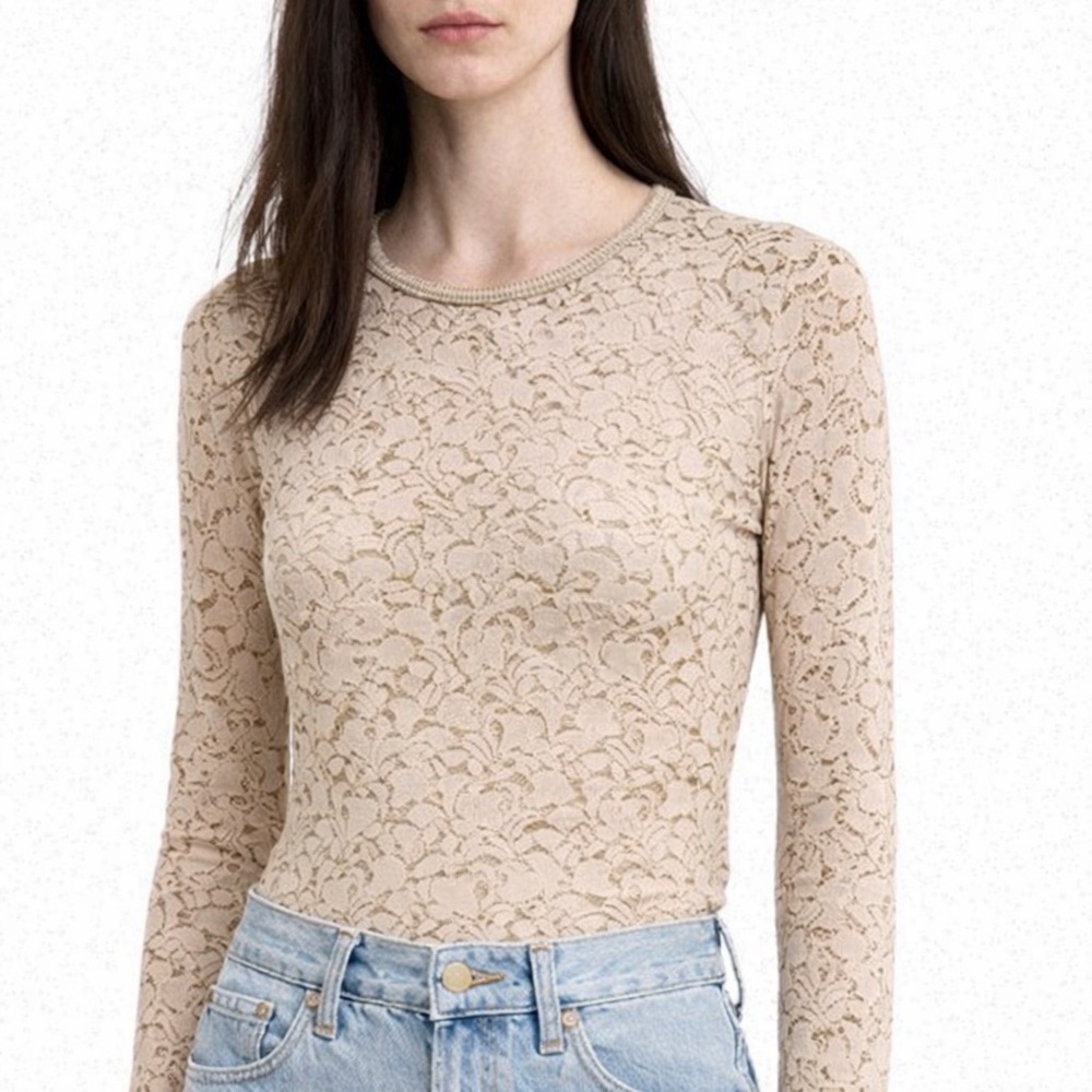 Enza Costa Beige Lace Long Sleeve Pullover Top M